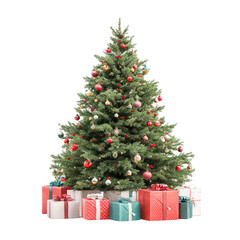 Decorated Christmas tree with presents underneath for festive season, isolated on transparent background, perfect cutout, PNG