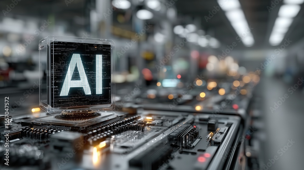 Fototapete ai glowing text floating with holographic neon on metal boxes, digital code in futuristic lab, 3d re