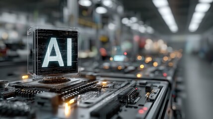 AI Glowing Text Floating with Holographic Neon on Metal Boxes, Digital Code in Futuristic Lab, 3D Rendering with Soft Light and Shadows