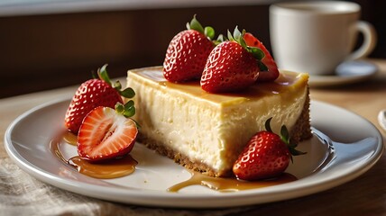 Decadent Baked Cheesecake with Fresh Strawberries and Caramel Drizzle