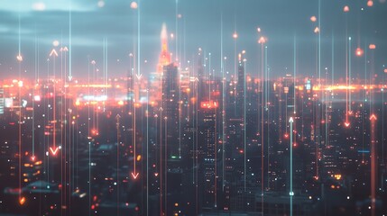 abstract futuristic cityscape, digital data stream, red glowing lines and dots, smart urban cyber network expansion, renewables, photorealistic, OeE