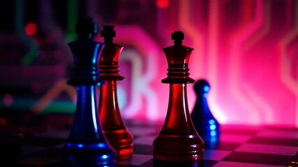 Chess game with red and blue team pieces on circuit board. Cyber ​​security breach simulation concept. Digital attack threat protection strategy. 4k video - Powered by Adobe