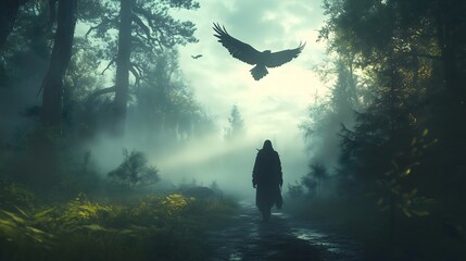 Fototapeta premium Walking down a misty path surrounded by towering trees and ethereal light during a tranquil morning hour