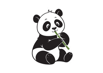 Black vector silhouette of a panda sitting and eating bamboo, cute minimal animal design in flat style, peaceful wildlife symbol isolated on white background in PNG graphic format