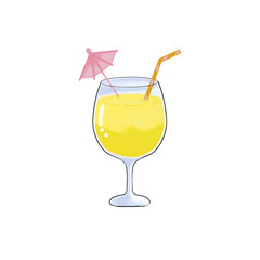Illustration of fresh pineapple juice with asmall pink umbrella and straw