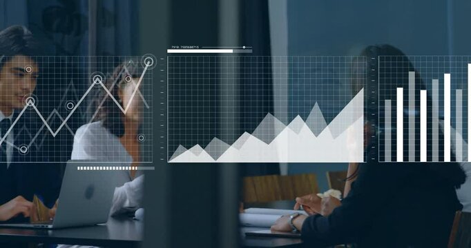 Mid adult woman reviewing reports initiating charts while colleagues analyzing business trends