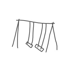 Simple black line art of a swing set on white background. Reflects childhood, loneliness, or memory concept in minimalist style.