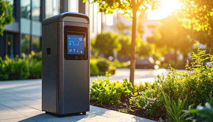 Smart Machine in Urban Setting: An advanced technology stands proud amidst a modern architectural landscape. Bathed in the warm glow of the setting sun, a sleek, contemporary machine.
