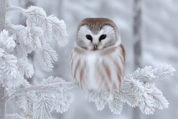 Obraz premium Softly perched on a frosted branch, a serene owl gazes directly at the viewer, showcasing captivating features against a tranquil winter backdrop full of snow-laden coniferous trees