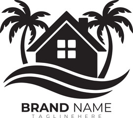 Tropical house logo with palm trees and waves