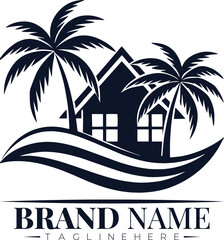 Tropical house logo with palm trees and ocean waves