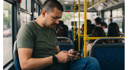 Commuting with Technology: A man engrossed in his mobile phone sits on a public bus, embodying the integration of technology into daily life and the shared experience of public transport.