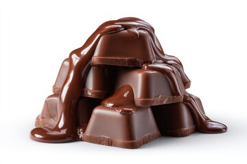 Obraz premium Stacked square chocolates drenched in melted chocolate against a white background