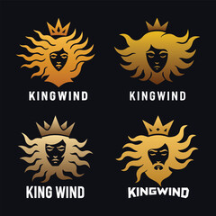 Golden king crowned face with flowing hair and beard