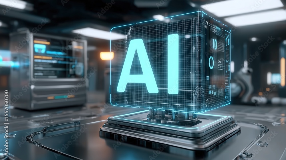 Fototapete ai glowing text with blue white holographic neon on metal boxes, digital code in futuristic lab, 3d 