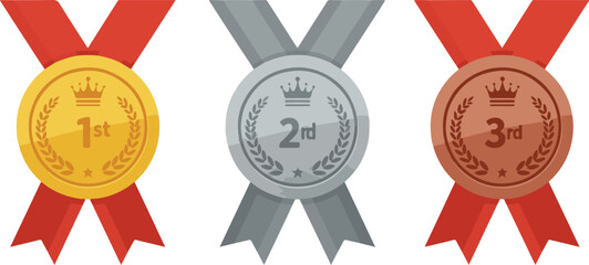 Gold, silver, and bronze medals with thin red ribbons.