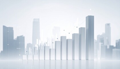 White and gray abstract cityscape with transparent bar charts and line graphs rising from buildings.