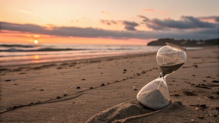 Hourglass on sandy beach during sunset illustrating the nature of environmental problem  