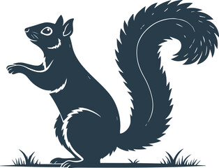 Silhouette of a squirrel with a bushy tail standing on hind legs in clean flat vector style, minimal wild animal icon design isolated on white background in transparent PNG format
