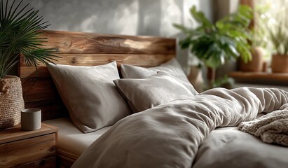 a neutral tone duvet cover on an unmade bed, highlighting its soft texture and comfort, set in a cozy bedroom with wooden furniture and plants for a warm, natural home decor ambiance