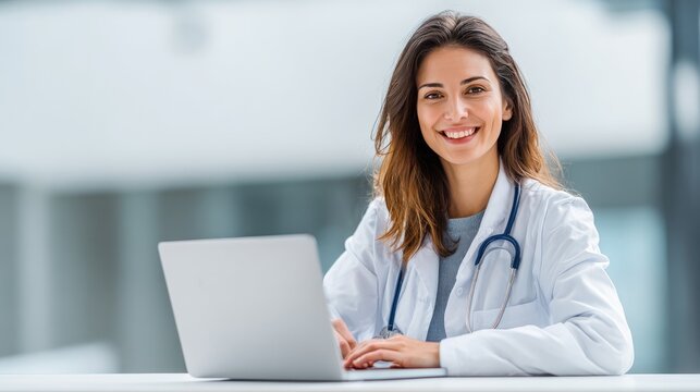 Smiling Doctor Using Laptop: A friendly female doctor with a warm smile uses a laptop computer, showcasing expertise, healthcare technology, and patient care.