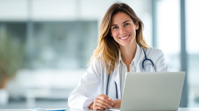 Professional healthcare provider: a portrait of a healthcare provider, radiating warmth and confidence as she engages with technology, symbolizing trust and professional care