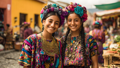 Two indigenous women showcasing cultural differences at a bustling marketplace