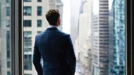 Fototapeta premium Gazing into the Metropolis: A business professional stands at a towering skyscraper window, absorbing the vibrant city life, his vision set on success.