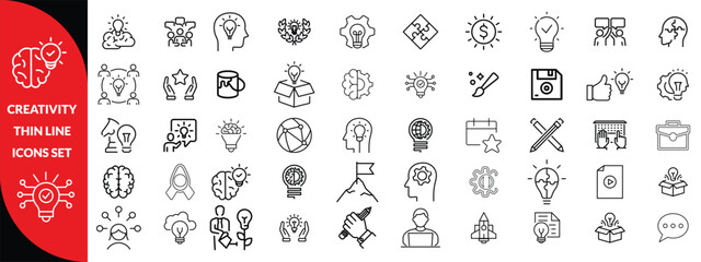 Creativity thin line icons set. Idea, creative solution and thinking, innovation icon. Editable stroke. Vector illustration, big icon set 
