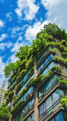 Modern building with green balconies and trees