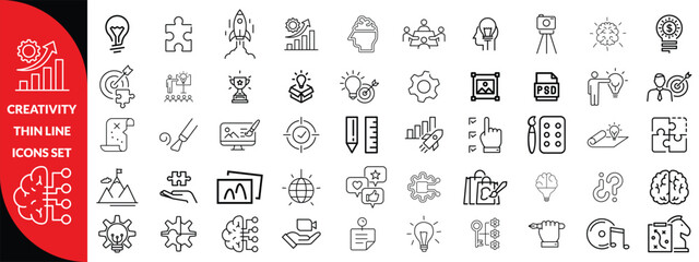 Creativity thin line icons set. Idea, creative solution and thinking, innovation icon. Editable stroke. Vector illustration, big icon set 
