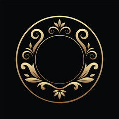 Elegant gold circular floral ornament on black background