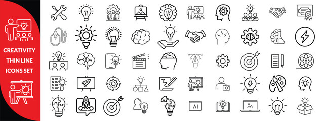 Creativity thin line icons set. Idea, creative solution and thinking, innovation icon. Editable stroke. Vector illustration, big icon set 