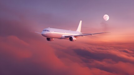 Obraz premium Pearlescent white passenger jet cruising above cloudscape showcasing sleek aerospace engineering and luxury travel comfort