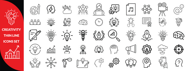 Creativity thin line icons set. Idea, creative solution and thinking, innovation icon. Editable stroke. Vector illustration, big icon set 