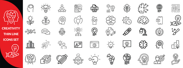 Creativity thin line icons set. Idea, creative solution and thinking, innovation icon. Editable stroke. Vector illustration, big icon set 