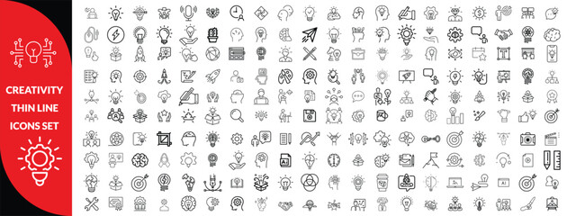 Creativity thin line icons set. Idea, creative solution and thinking, innovation icon. Editable stroke. Vector illustration, big icon set 