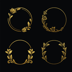 Set of four elegant gold floral circular frames on black background