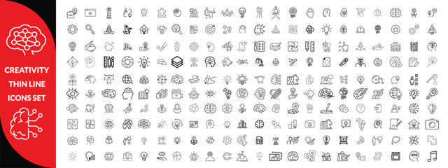 Creativity thin line icons set. Idea, creative solution and thinking, innovation icon. Editable stroke. Vector illustration, big icon set 