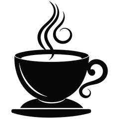 Stylized black silhouette of a steaming coffee cup on a saucer