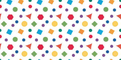 Colorful Geometric Shapes Pattern: A lively and visually engaging pattern showcasing a variety of colorful geometric shapes. This image is a versatile design element. 