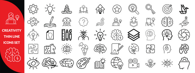 Creativity thin line icons set. Idea, creative solution and thinking, innovation icon. Editable stroke. Vector illustration, big icon set 