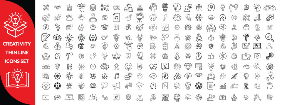 Creativity thin line icons set. Idea, creative solution and thinking, innovation icon. Editable stroke. Vector illustration, big icon set 