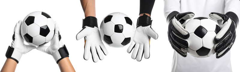 Soccer ball goalkeeper glove hand black white sport equipment uniform holding catching isolated competition team training protection athlete game action closeup professional grip safety leather