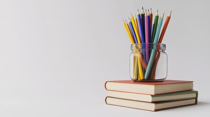 Stack of books and colored pencils representing studying on a black background