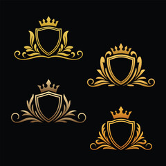 Golden royal crests and shields with ornate flourishes and crowns