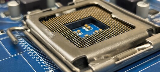 CPU socket in computer on blue motherboard