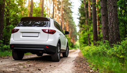 4x4 White Car Driving on Dirt Road Through Forest Trees for Adventure and Off-Road Scene