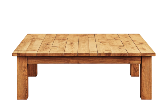 Wooden Jigsaw Puzzle Coffee Table on Isolated Black Backdrop Unique Assembly Craftsmanship on transparent background