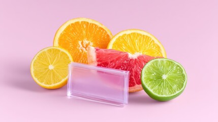Vibrant Citrus Fruit Slices with Product Packaging on Pink Background